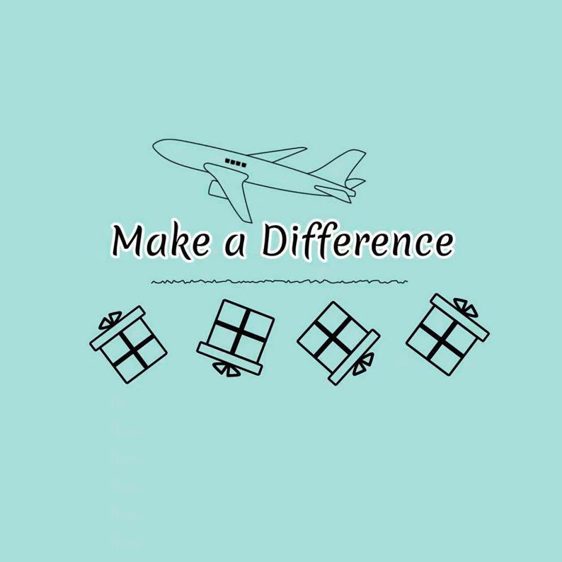 May include: A light blue graphic featuring a black line drawing of an airplane above the text "Make a Difference" in a black serif font, with a horizontal wavy line and four black outlined gift boxes arranged in a row underneath the text.