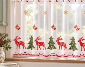 Christmas Lace Embroidered Kitchen Cafe Curtain, Santa Reindeer Snowman Bell Short Valance, Farmhouse Window Treatment