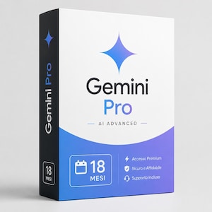 Può includere: Una scatola di prodotto con le parole "Gemini Pro" in lettere grandi e in grassetto. La scatola ha un design sfumato blu e bianco con il testo "AI ADVANCED" sotto il nome del prodotto. La scatola mostra anche "18 MESI" e icone.