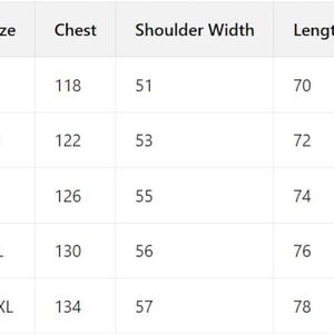Op de afbeelding: Een witte tabel toont een maattabel voor kleding. De maten vari&euml;ren van S tot XXL, met borstmaten van 118 tot 134 cm, schouderbreedtes van 51 tot 57 cm en lengtes van 70 tot 78 cm.