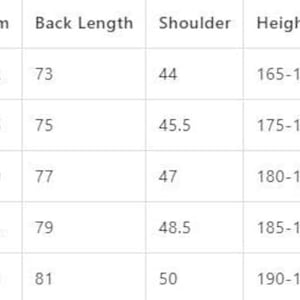 May include: A white table of clothing size measurements. The table includes sizes S, M, L, XL, and 2XL. Measurements include chest, hem, back length, shoulder, height reference, and weight reference. The chest measurements range from 112 to 128.