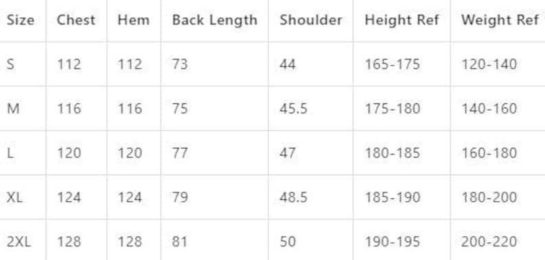 May include: A white table of clothing size measurements. The table includes sizes S, M, L, XL, and 2XL. Measurements include chest, hem, back length, shoulder, height reference, and weight reference. The chest measurements range from 112 to 128.