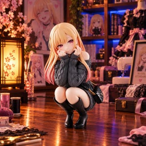 Peut inclure: Une figurine de collection de style anime représentant un personnage aux longs cheveux blonds, portant une robe-pull à torsades gris foncé à épaules dénudées et des bottes noires à talons. La figurine est accroupie, les mains près du visage, avec un petit sac à bandoulière noir matelassé à chaîne dorée.