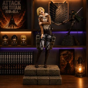 Può includere: Una statuetta dettagliata di Annie Leonhart da Attack on Titan, con capelli biondi, giacca marrone e pantaloni grigi, posizionata su una base con texture in pietra. La figura è circondata da volumi manga, piccole statuette chibi e una lanterna.