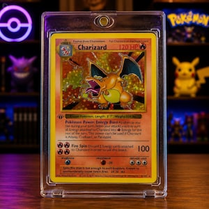 Könnte beinhalten: Eine Charizard-Sammelkarte in einer durchsichtigen magnetischen Schutzhülle. Die Karte zeigt eine holografische Illustration der orangefarbenen Kreatur, 120 KP sowie Text zur Energy Burn-Kraft und der Fire Spin-Attacke.