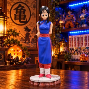 May include: A standing anime character figurine featuring a person with black hair wearing a blue sleeveless dress with a red sash, red trousers, and white boots. The figure is mounted on a circular white base with a textured, rocky-looking edge.