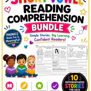 Peut inclure: Un ensemble de ressources pédagogiques Short Vowel Reading Comprehension Bundle avec trois enfants lisant, trois fiches d'exercices intitulées Jan's Hat, Meg Helps et Ben and the Hen, et du texte indiquant Phonics Made Fun & Meaningful et 10 Differentiated Stories.