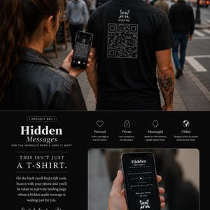 Op de afbeelding: Een zwart t-shirt met een afbeelding van een hondenkop en een QR-code op de achterkant met de tekst SCAN ME. Het shirt maakt deel uit van de Project Blu Hidden Messages collectie, inclusief een digitale interface voor audio.