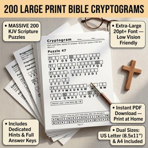 200 Large Print Bible Cryptogram Printable PDF, Senior Brain Games KJV Scripture Puzzles with Hints, Christian Gift for Grandma Memory Care