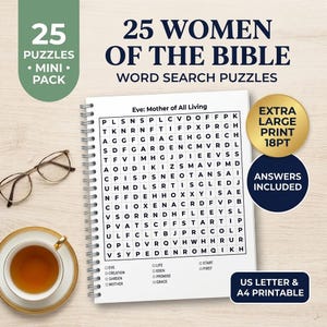 Op de afbeelding: Een spiraalgebonden woordzoekersboek getiteld 25 Women of the Bible met extra grote 18pt-bedrukking. De pagina toont een raster voor de puzzel Eve: Mother of All Living, vergezeld van een theekopje op een schoteltje en een leesbril.
