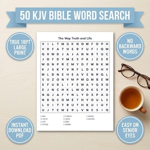 Pode incluir: Uma folha de caça-palavras bíblico KJV 50 intitulada The Way Truth and Life com fonte grande de 18 pontos, apresentando uma grade de letras e uma lista de palavras para encontrar. A página inclui texto sobre download instantâneo e legibilidade.