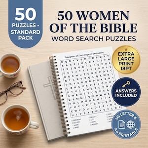 以下が含まれることがあります： 「50 Women of the Bible」というタイトルのスパイラル綴じのワードサーチパズルブック。文字のグリッドと探すべき単語のリストが掲載されています。表紙には、18ポイントの特大フォント、解答付き、A4印刷可能フォーマットに関するテキストが記載されています。