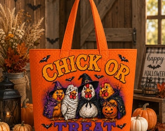 Chick Or Treat Halloween Tote Bag, Funny Chicken Farm Tote, Spooky Fall Market Bag, Pumpkin Trick or Treat Gift