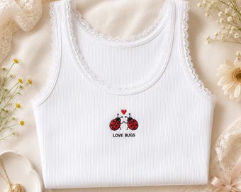 Embroidered The Last Of The Bugs Tank Top, Ladybug Lover Shirt, Cottagecore Spaghetti Strap Top, Nature Lover Tank, Cute Bug Summer Shirt