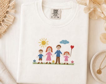 Camiseta personalizada com desenho de família bordado, camiseta infantil personalizada com arte, camiseta combinando para a família, presente para mãe e pai, camiseta com retrato personalizado