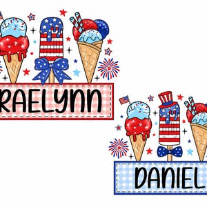 May include: A patriotic design featuring ice cream cones and popsicles in red, white, and blue, with the name "RAELYNN" on a red and white checkered background. The design includes stars, fireworks, and an American flag.