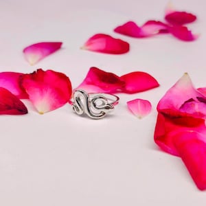 Könnte beinhalten: Ein silberner Ring in Form einer gewundenen Schlange mit glatter, polierter Oberfläche. Der Ring ist mittig platziert und von verstreuten leuchtend rosa und roten Rosenblättern auf einer einfarbigen, hellen Oberfläche umgeben.