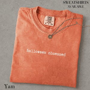 May include: A burnt orange short-sleeve t-shirt with a crew neckline and the text "halloween obsessed" printed in white on the chest. The shirt features a Comfort Colors brand label inside the collar and a thin silver chain necklace.