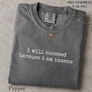 Könnte beinhalten: Ein anthrazitfarbenes Kurzarm-T-Shirt mit Rundhalsausschnitt und einem Comfort Colors Markenetikett. Das Shirt zeigt den weißen Text i will succeed because i am insane auf der Vorderseite. Eine dünne goldfarbene Kette liegt auf dem Stoff.