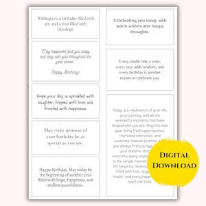 Op de afbeelding: Een wit vel met acht rechthoekige vakken met in het zwart gedrukte verjaardagsberichten, waaronder zinnen als Wishing you a birthday filled with joy. Een gele ronde badge met de tekst DIGITAL DOWNLOAD is op de afbeelding aanwezig.