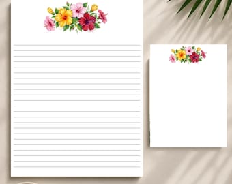 Juego de papelería con estampado floral de hibisco para imprimir, papel de carta tropical en PDF, con y sin líneas, bloc de notas, plantilla de sobre.
