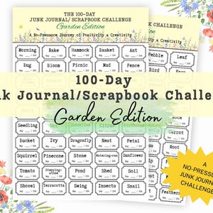 Può includere: Una sfida di diario/scrapbook di 100 giorni, edizione giardino. L'immagine presenta uno sfondo giallo con un motivo floreale e un elenco di suggerimenti. I suggerimenti includono "Mattina", "Rastrello", "Amaca" e "Cesto". Una stella gialla recita "Una sfida di diario senza pressione".