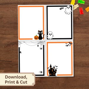 May include: Four rectangular sheets of paper featuring Halloween-themed borders. One has an orange frame with a black cat and pumpkin, another a black frame with ghosts and the text BOO, one with spiderwebs and spiders, and one with a haunted house.