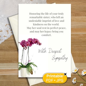Peut inclure: Une carte de condoléances avec une illustration à l'aquarelle d'une orchidée violette en pot et le texte : Honoring the life of your truly remarkable sister, who left an undeniable imprint of love and kindness on the world. With Deepest Sympathy.