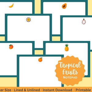 May include: A collection of rectangular notepads with dark teal borders, each featuring a small tropical fruit illustration including a banana, papaya, passion fruit, dragon fruit, mango, pineapple, and orange. An orange badge displays Tropical Fruits NOTEPAD.