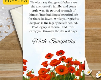 Tarjeta de condolencias por la pérdida del abuelo, tarjeta conmemorativa del abuelo, tarjeta de pésame por la pérdida del abuelo, tarjeta de duelo imprimible