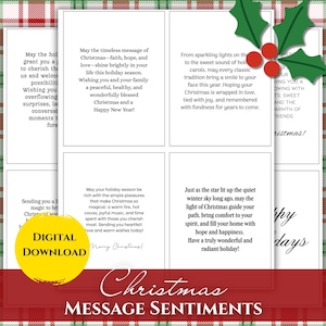 May include: A collection of white rectangular cards featuring various black printed Christmas messages and holiday sentiments. The cards are decorated with a green holly leaf and red berry graphic in the corner and a yellow circle with the text DIGITAL DOWNLOAD.