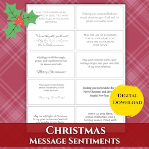 Op de afbeelding: Een vel met tien rechthoekige kerstkaarten met diverse feestelijke boodschappen in zwarte tekst. De kaarten bevatten zinnen zoals May your Christmas be wrapped in love. Een gele cirkel bevat de tekst Digital Download.