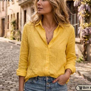 Women's Linen Button Shirt, Cotton Linen V Neck Blouse, Long Sleeve Casual Top, Beach Style Shirt, Loose Summer Clothing Gift