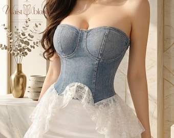 Kanten denim korset top strapless bustier korset crop top renaissance korset slim fit tanktop, terug naar school cadeau voor haar