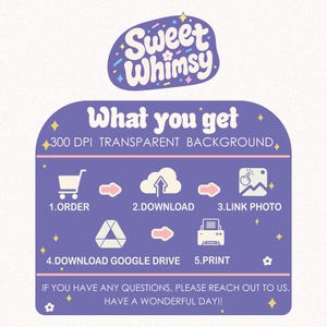 May include: A purple informational graphic titled Sweet Whimsy with the text What you get and 300 DPI TRANSPARENT BACKGROUND. It outlines five steps: 1.ORDER, 2.DOWNLOAD, 3.LINK PHOTO, 4.DOWNLOAD GOOGLE DRIVE, and 5.PRINT, ending with contact instructions.