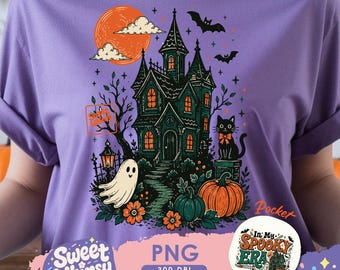 Trendy Haunted House PNG, In My Spooky Era PNG, Cute Ghost Black Cat Pumpkin Halloween Shirt Design, Girly Spooky Season Sublimation
