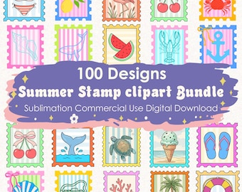 100 Summer Stamp Clipart Bundle 100File, Coastal Beach ,Ocean Beach Vacation Designs, Sardines Lobster Cocktail, Digital Download Design