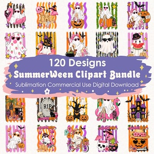 May include: A digital collection of 120 SummerWeen Clipart Bundle designs featuring ghosts, pink flamingos, pumpkins, and beach themes. The graphics include colorful illustrations of ghosts wearing sunglasses, riding bicycles, and relaxing on pool floats.