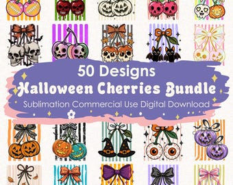 Halloween Cherries Bundle Png 50 File,Cherry Ghost,Striped Halloween,Retro Halloween,Retro Pumpkin Skull Cherries Clip Art, Digital Download