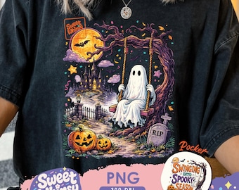 Swinging Into Spooky Season PNG, Cute Ghost Halloween PNG, Vintage Halloween Shirt Design, Spooky Sublimation, Digital Download