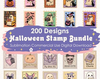 Halloween  Stamp Bundle 200+ File,Retro Vintage Halloween Stamps PNG,Spooky Fall Clip Art Pack,Spooky Halloween Sublimation,Digital Download