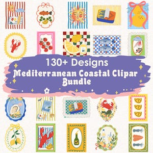 Op de afbeelding: Een digitale collectie van 130+ mediterrane kust-clipartontwerpen met illustraties van kreeften, citroenen, vissen, sardines, tomaten en zonnen. De centrale paarse banner toont de tekst 130+ Designs Mediterranean Coastal Clipar Bundle.