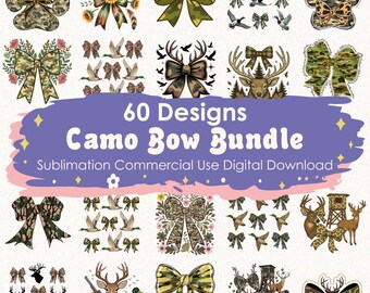Camo Bow PNG Bundle, Hunting Clipart, Ribbon Set, Retro Camouflage Girl PNG, Camo Spring Shirt Design, Sublimation Design, Digital Download