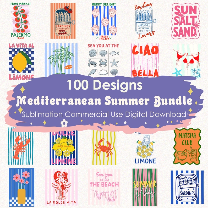 100 Coastal Summer PNG Bundle, Beach Clipart Bundle, Retro Preppy Coquette Graphics, Ocean Beach Vacation Designs, Sardines Lobster Cocktail