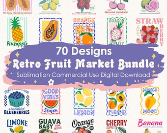 Summer Fruits Png Bundle 70 File,Preppy Summer Sublimation,Strawberry Lemon,Retro Shirt Design, Fresh Fruit, Vacation Vibe, Digital Download