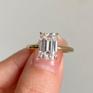 Emerald Cut Moissanite Engagement Ring, Gold Solitaire Ring, Minimalist Promise Ring, Rectangular Diamond Ring, Thin Band Bridal Ring
