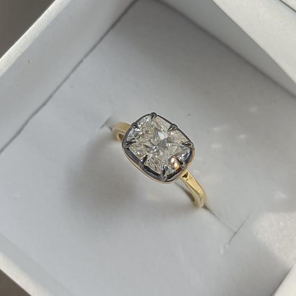 Elongated Cushion Cut Georgian Cut Down Button Back Ring, East To West Solitaire blackened Gold Ring, Prong With Bezel Set Ring For Women's