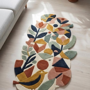Modern handgemaakt getuft bloemenkleed, abstract botanisch vloerkleed, tapijt met onregelmatige vorm, kleurrijke decoratie voor kinderkamer, slaapkamer en woonkamer