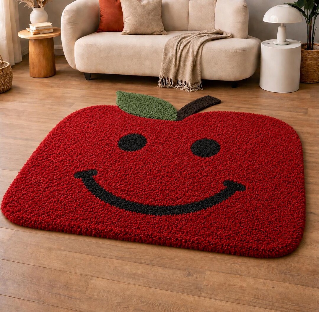 Handmade Smiley Apple Rug, Tufted Red Area Rug, Cute Kawaii Carpet ...