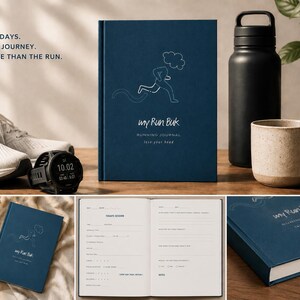 May include: A dark blue hardcover running journal titled my Run Buk with a white line drawing of a runner. The cover features the text 100 DAYS. ONE JOURNEY. MORE THAN THE RUN. and lose your head. The interior pages include fields for session details.